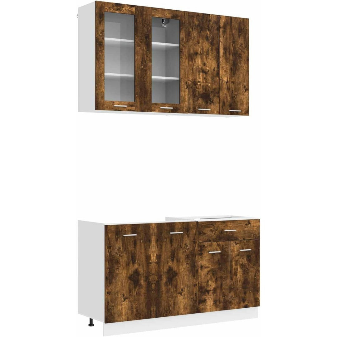 Schrankmoebel Makastle Kuchenschrank-Set Geraucherte Eiche, Holzwerkstoff, Wandmontage, Glastur eiche