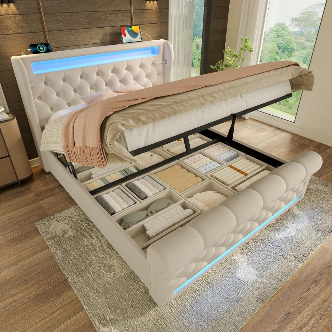 Schlafbett mit Stauraum mit LED Beleuchtung beige