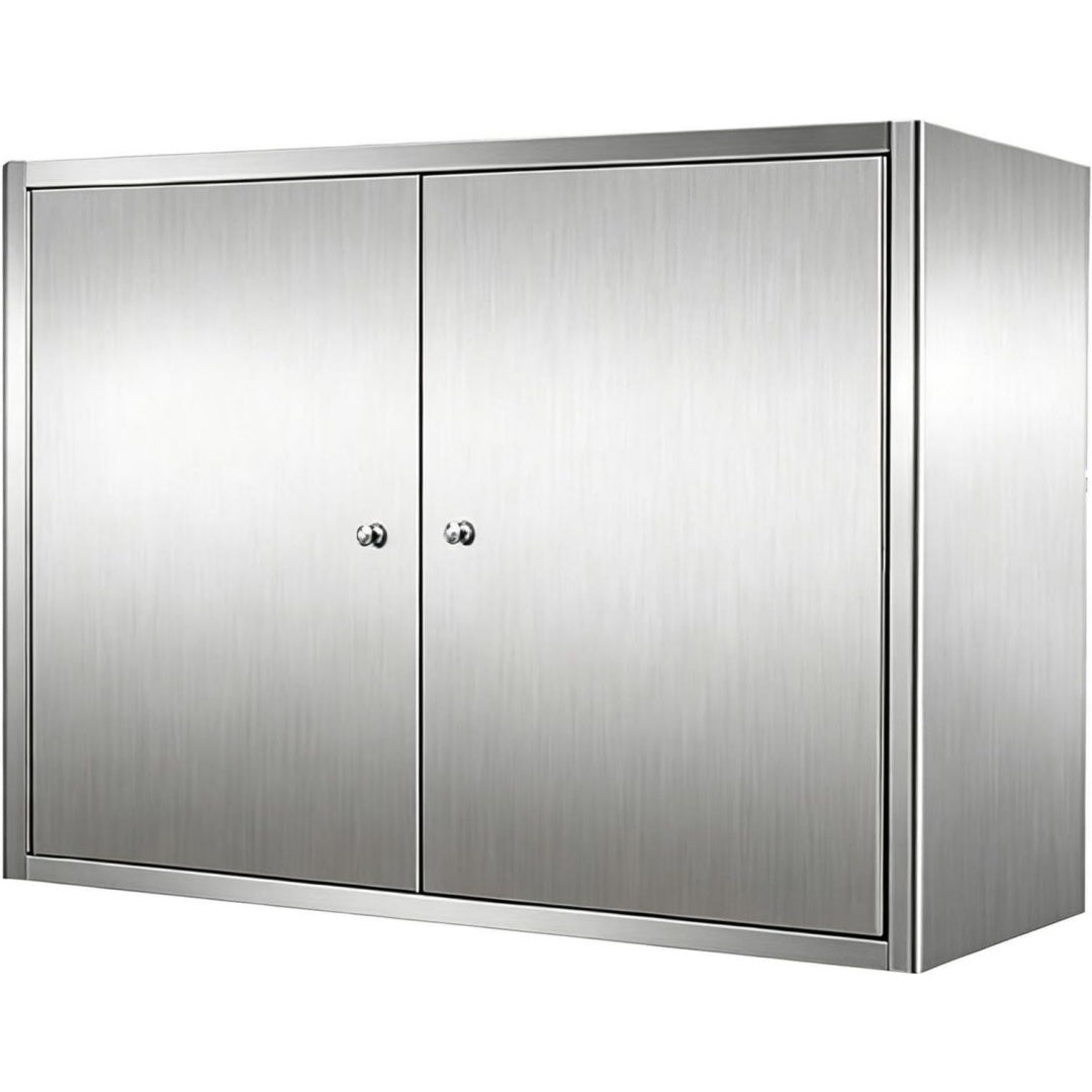 Schrankmoebel silber mit Tueren mit Metallgestell